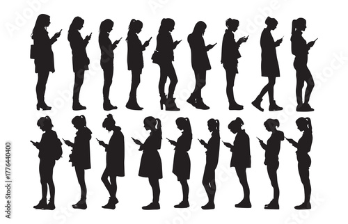 Silhouette of woman using smartphone on white background
