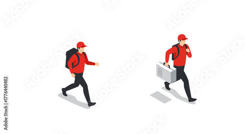 Isometric delivery person in motion with backpack and package on white background
