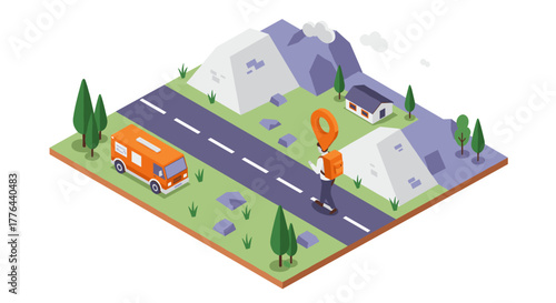 Isometric landscape with delivery van on road near mountains and house