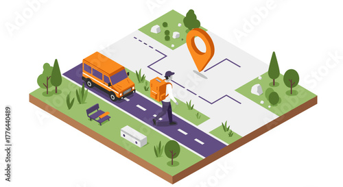 Isometric delivery concept with courier, map, and vehicle in urban setting