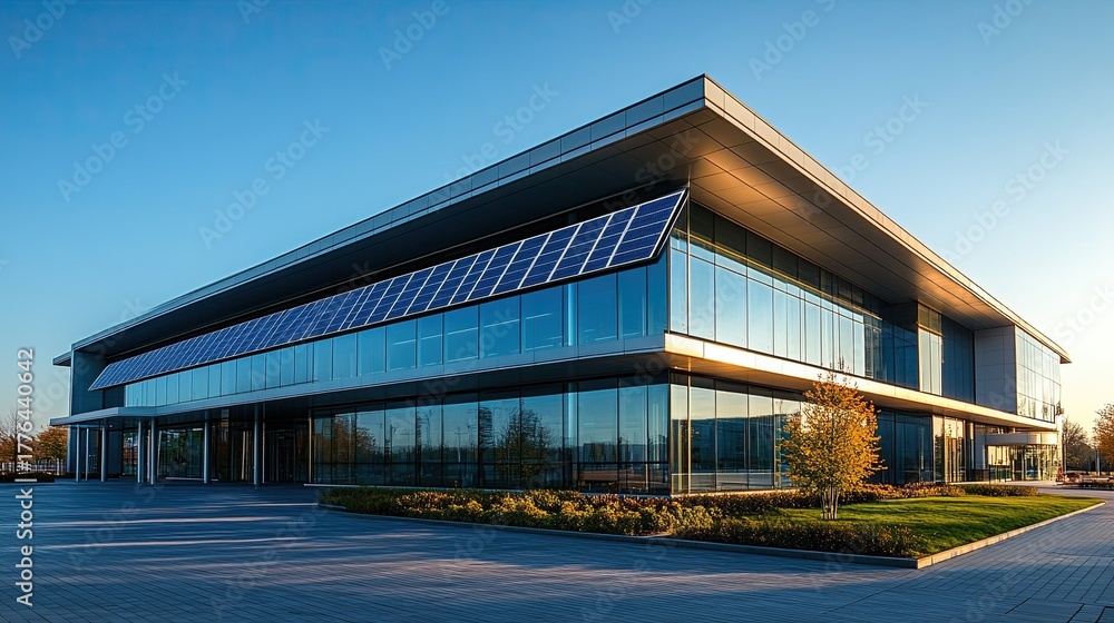 Obraz premium Modern building featuring solar panels on its rooftop. -