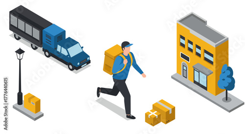 Isometric urban delivery scene with courier and vehicles