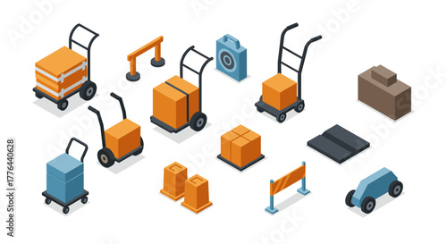 Isometric factory equipment and tools set with hand trucks and boxes