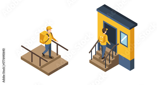 Isometric delivery concept with person approaching doorstep