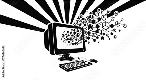 Computer screen emitting abstract network of connections and data streams
