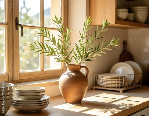 Olive Branch in Terracotta Vase on Sunny Kitchen Counter by Wooden Window