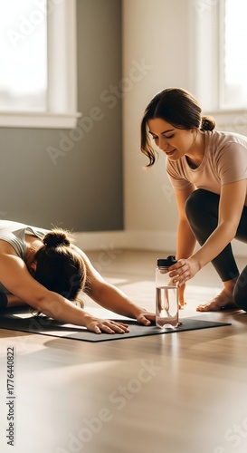 Wallpaper Mural Two Women Practicing Yoga with Water Bottle on Mat Torontodigital.ca