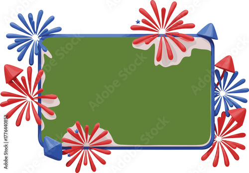 Festive fireworks frame with rockets, colorful bursts, green center, patriotic celebration border, perfect for holiday, Independence Day, or event decoration themes