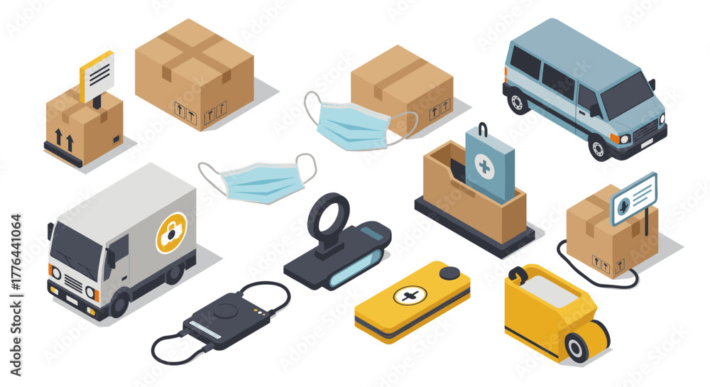 Obraz premium Isometric delivery and logistics icons with masks and contactless payments