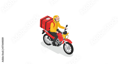 Isometric delivery rider on motorcycle with red backpack and helmet