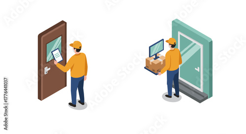 Isometric delivery scene with couriers handling packages at doors