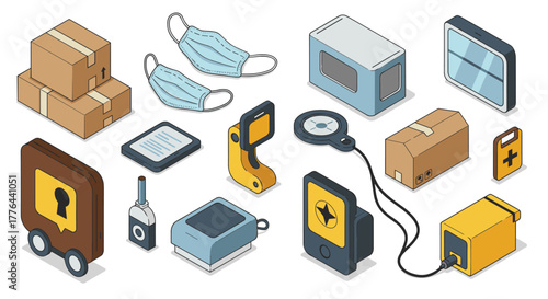 Modern isometric collection of everyday items and gadgets for technology and safety