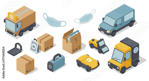 Isometric delivery vehicles and packaging with masks for contactless shipping