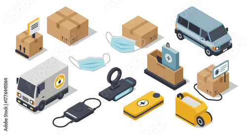 Isometric delivery and logistics icons with masks and contactless payments