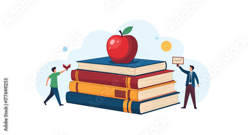 Stack of books with an apple on top and two small cartoon figures, one reading and one holding a chart.