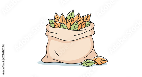Cartoon sack full of colorful autumn leaves, simple illustration with a white background.