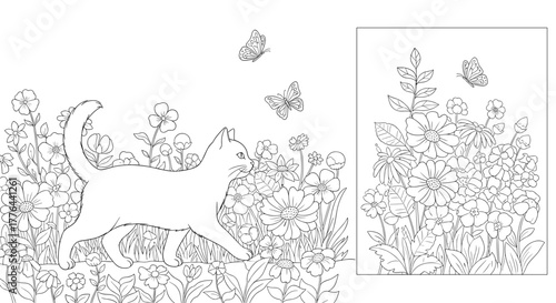 A whimsical illustration of a cat walking through a field of flowers with butterflies fluttering around.