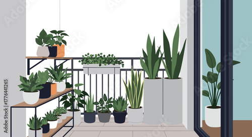 A collection of various potted plants displayed on a balcony railing and shelves.