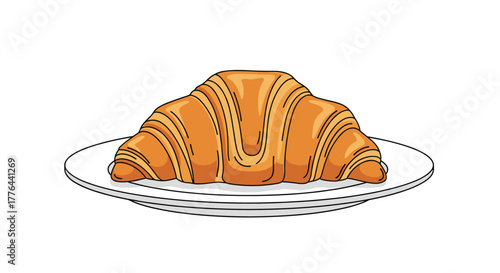 Close up of a single golden brown croissant on a white plate.