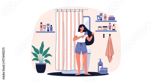 Woman brushing her long dark hair in a bright bathroom with plants and shelves.