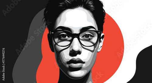 Stylized black and white portrait of a young person wearing glasses against a red and white background.