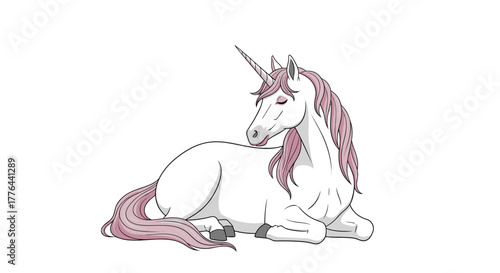 A white unicorn with a pink mane and tail rests on a white background.