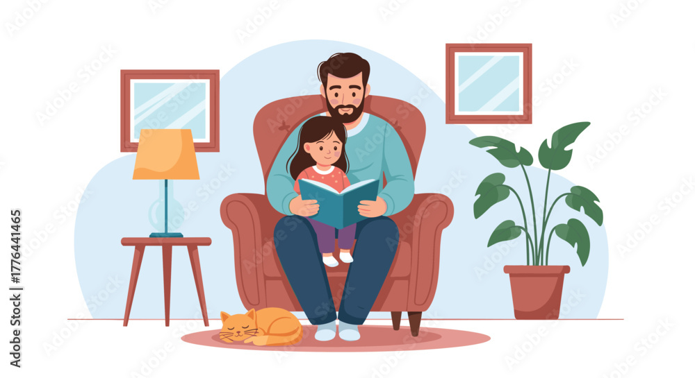 Fototapeta premium Father and daughter reading a book together in a cozy armchair with a cat nearby.