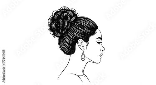 Illustration of a woman with her hair in a bun and wearing an earring, in profile view.
