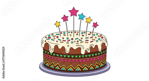 Colorful birthday cake with star toppers and festive decorations on a white background.