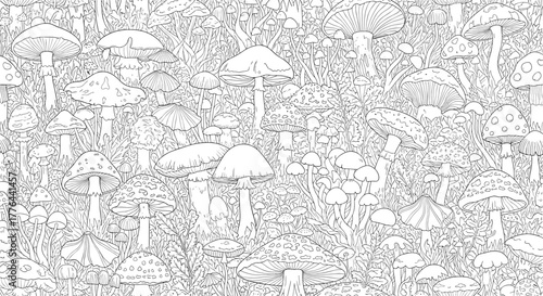 A dense patch of various whimsical mushrooms and toadstools scattered amongst tall grass.