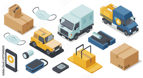 Isometric delivery and shipping elements with trucks, packages, and masks