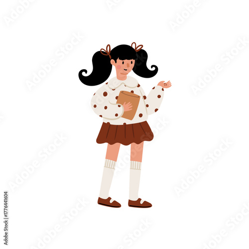 Flat vector illustration of Caucasian child girl. Kid with pigtails, skirt and blouse with bows is standing, smiling, cheerful schoolgirl character, young and happy youngster.