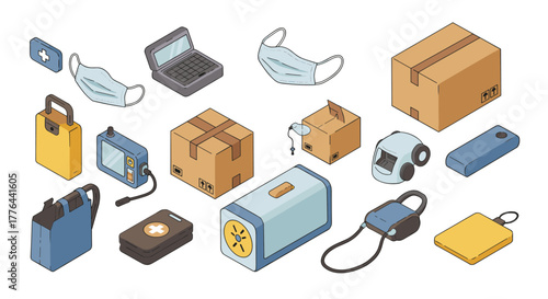 Essential everyday items in modern isometric design for home and travel