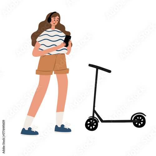 Flat vector illustration of a Caucasian girl with a scooter and smartphone. Teenager in shorts and t-shirt stands outdoors, using mobile phone. Urban lifestyle, modern female character.