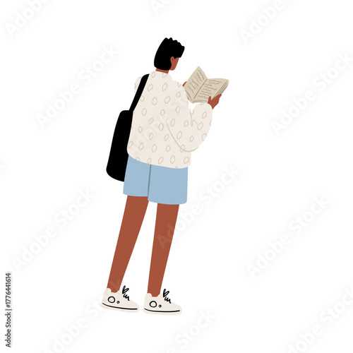 Flat vector illustration of African American teenage boy with backpack. Young student stands, holding and reading book. Male character in casual shorts and sneakers, thoughtful learner, focused youth.