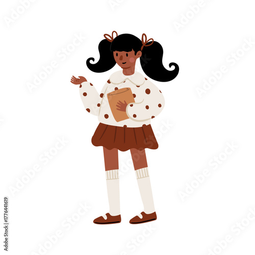 Flat vector illustration of African American child girl. Kid with pigtails, skirt and blouse with bows is standing and smiling, happy schoolgirl character, cheerful youngster.
