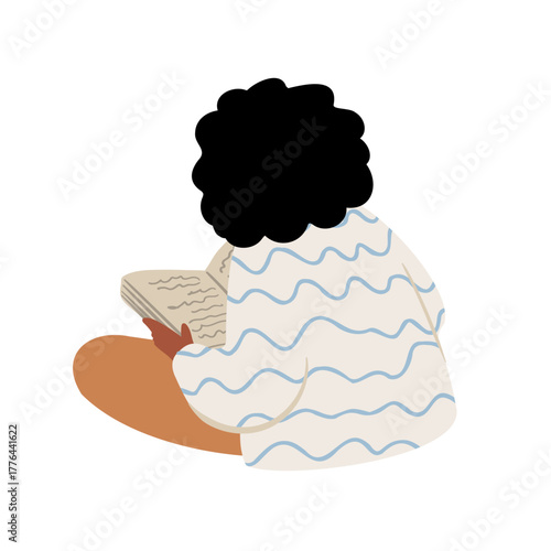 Flat vector illustration of African American girl reading book. Female character with curly hair sits on floor, relaxed posture, focused student, learner and booklover individual.
