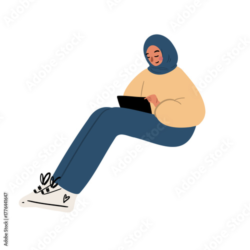 Flat vector illustration of Muslim woman in hijab and sweater. Female student sits with laptop, studying or working, concentrated and modern learner character.
