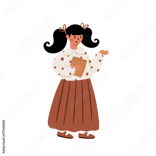 Flat vector illustration of little girl in skirt and blouse. Smiling child stands cheerful, cute youngster character in modern kidswear. Simple and bright style.