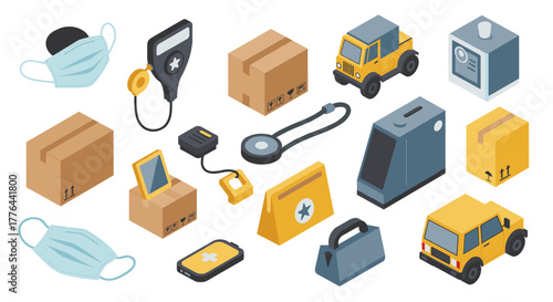 Isometric delivery and healthcare elements on a white background