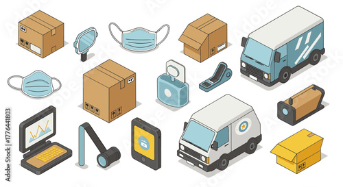 Isometric delivery icons featuring trucks, boxes, masks, and technology for modern logistics