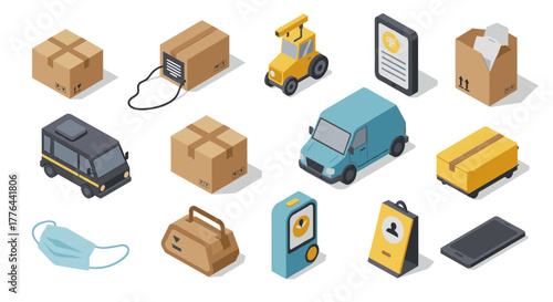 Isometric logistics and delivery icons featuring vehicles, packages, and digital elements