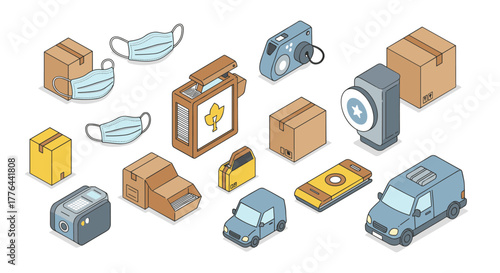 Isometric everyday objects: masks, boxes, electronics, and vehicles