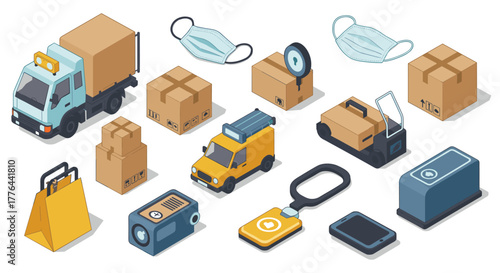 Isometric delivery and logistics icons featuring vehicles, packages, and accessories