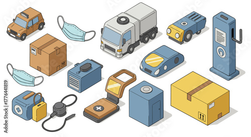 Isometric delivery and safety equipment icons for modern logistics