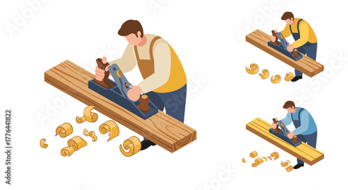 Isometric carpenter working with wood plane and shavings illustration set