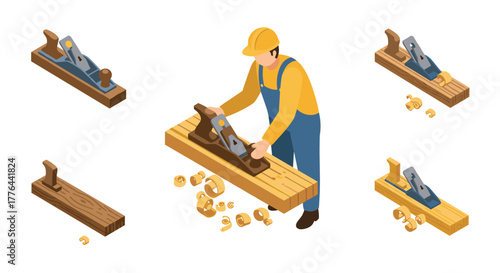 Carpenter using hand plane on wooden plank in isometric style