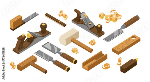 Isometric woodworking tools set with planes, chisels, and mallet on white background