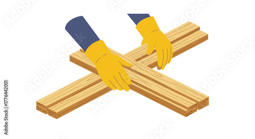 Hands wearing yellow gloves holding wooden planks in cross shape