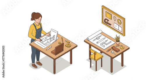 Isometric workstation with female designer crafting blueprint designs